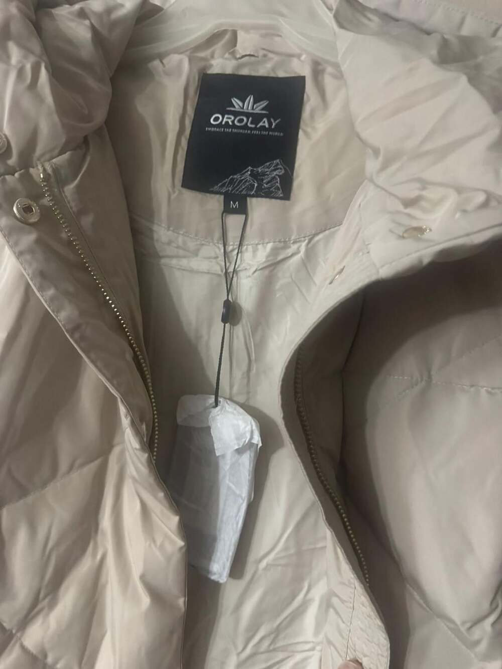 Orolay Long Quilted Down Coat Size M Beige Hooded Puffer